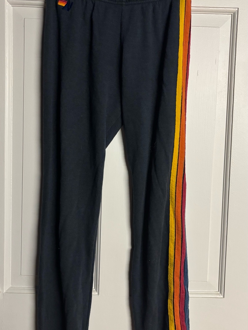 Aviator Nation Black Leggings with Yellow, Red, Pink & Blue Side Stripes